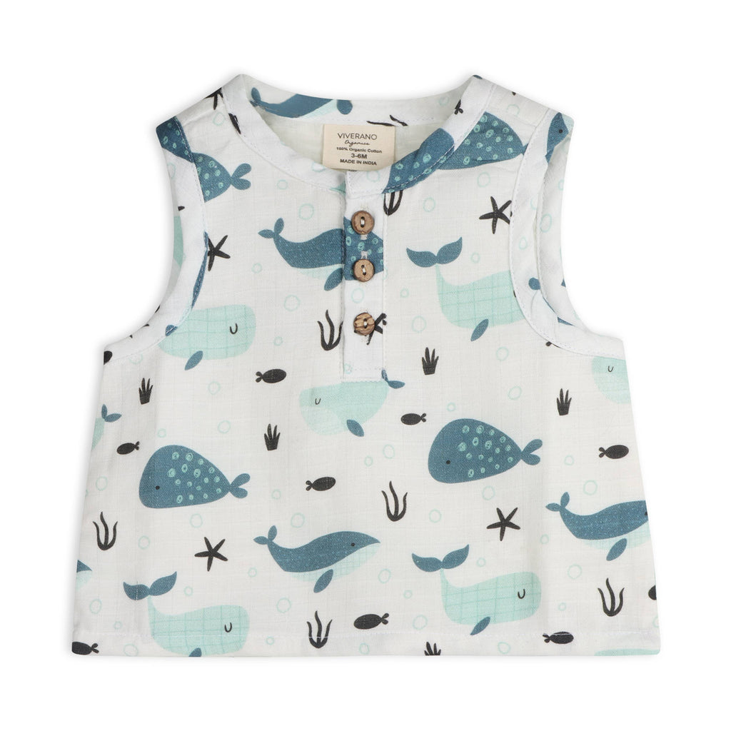 Whales Baby Top + Shorts (Organic Muslin): WHITE / 12-18M