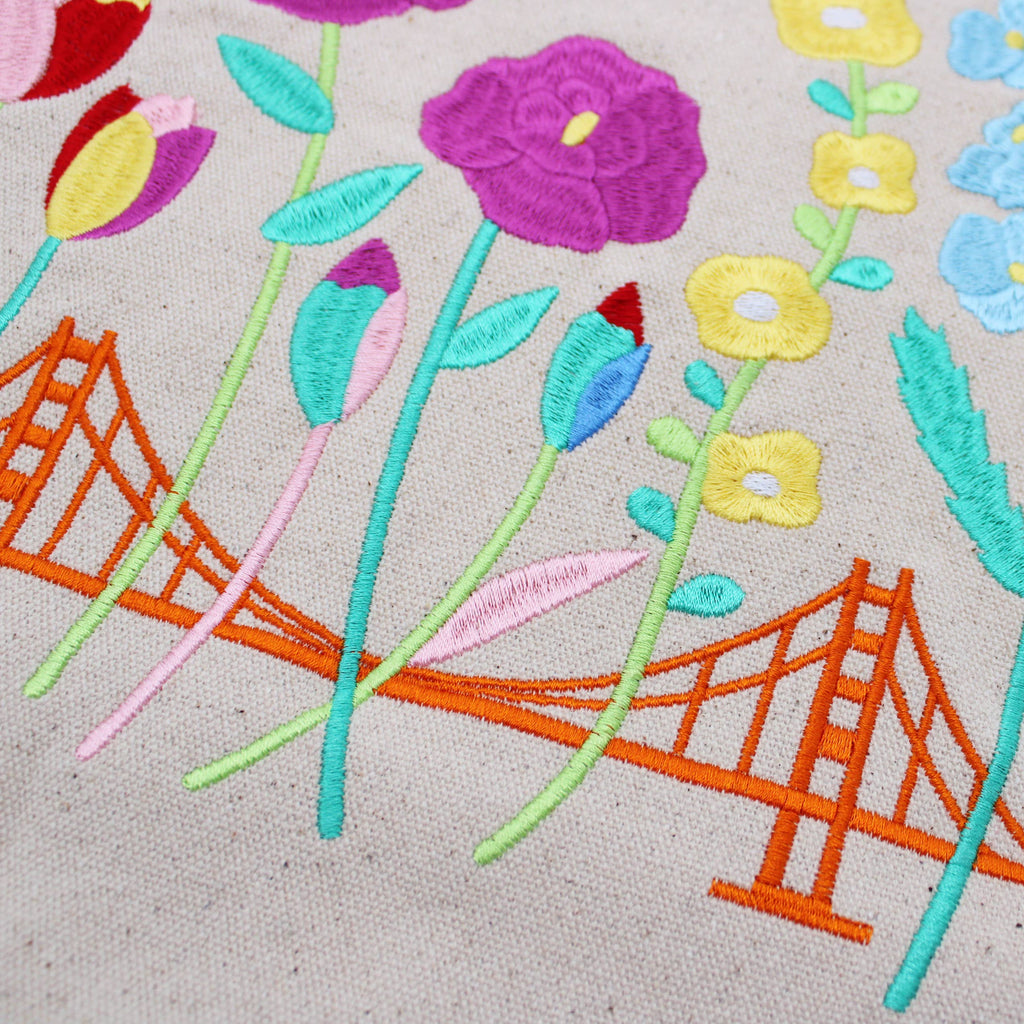 Embroidered San Francisco Flowers Tote Bag