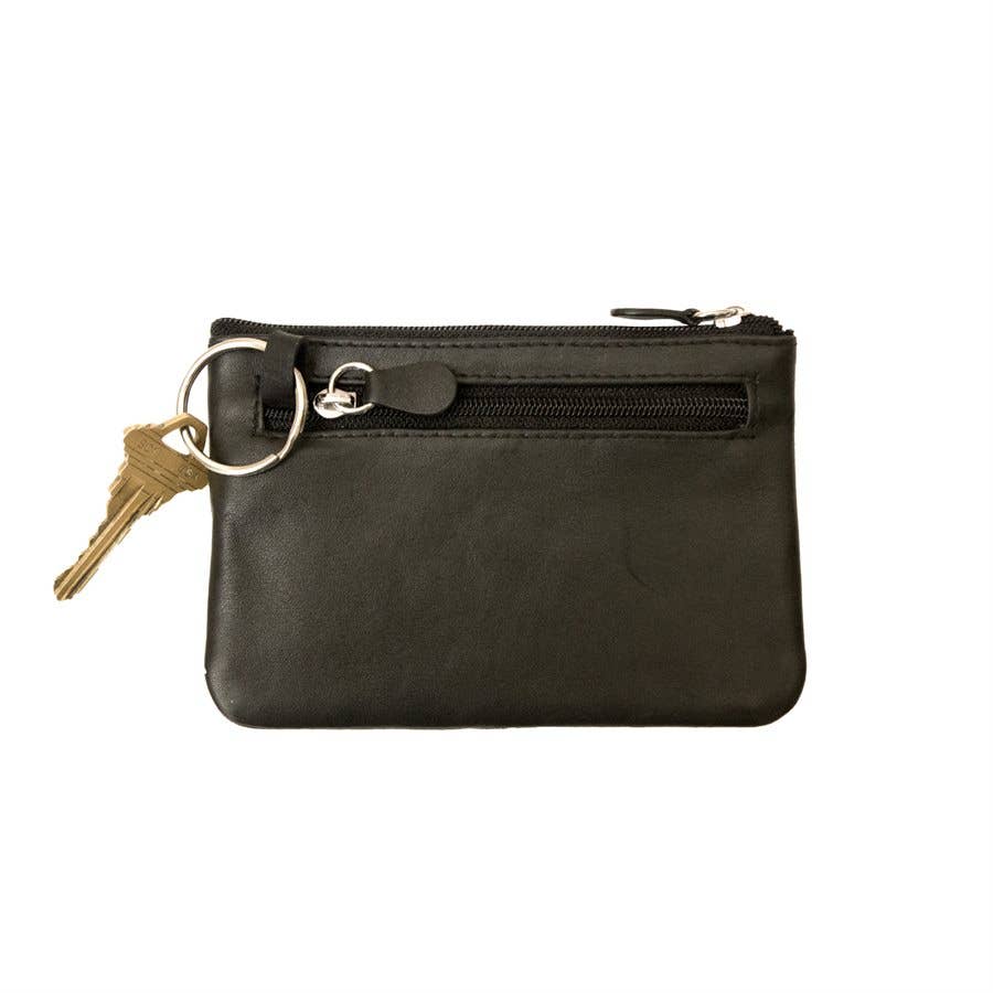 Leather Coin Purse With Key Ring: Black
