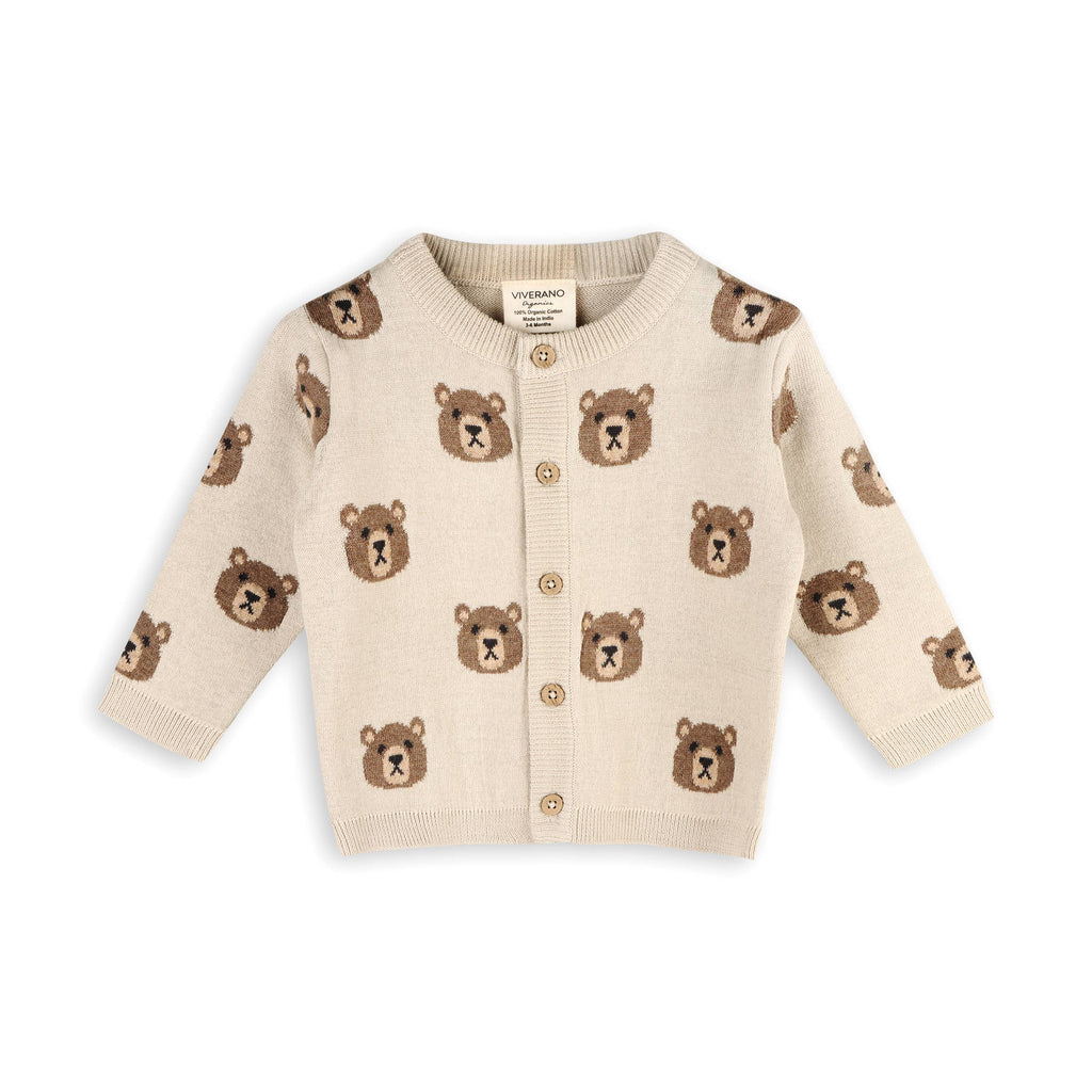 Brown Bear Jacquard Baby Cardigan Sweater (Organic Cotton): Stone / 6-12M