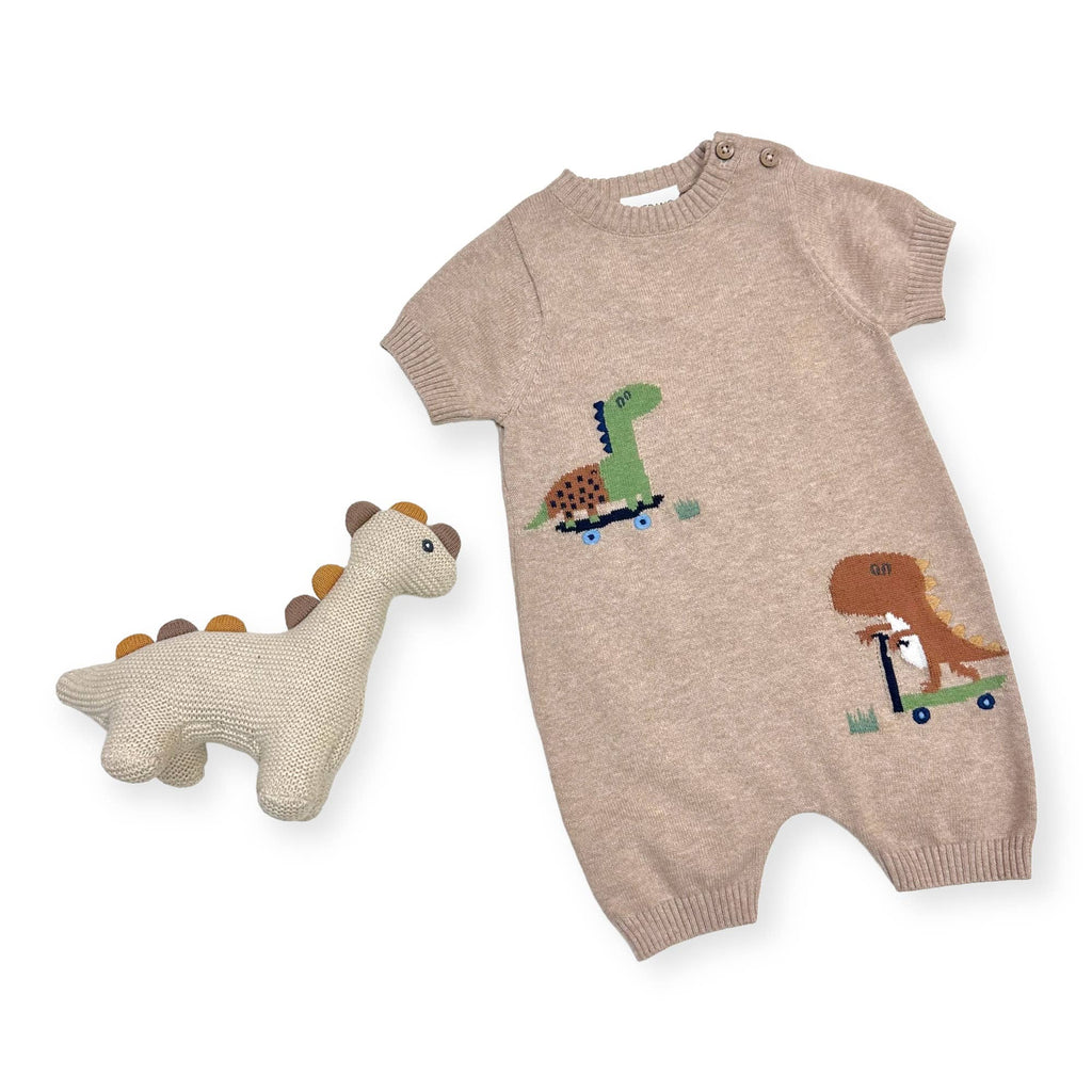 Dino Skater Jacquard Knit Baby Romper (Organic Cotton): Tan Heather / 3-6M