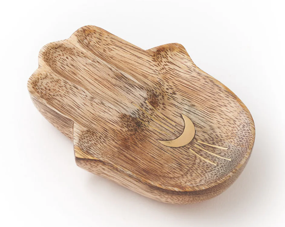 Drishti Hamsa Jewelry Tray Trinket Dish - Wood, Brass inlay