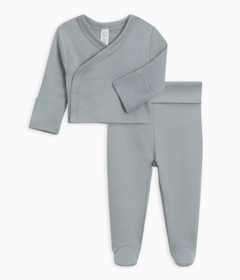 Kimono Wrap Top and Footed Pant Organic Baby Set | Mist