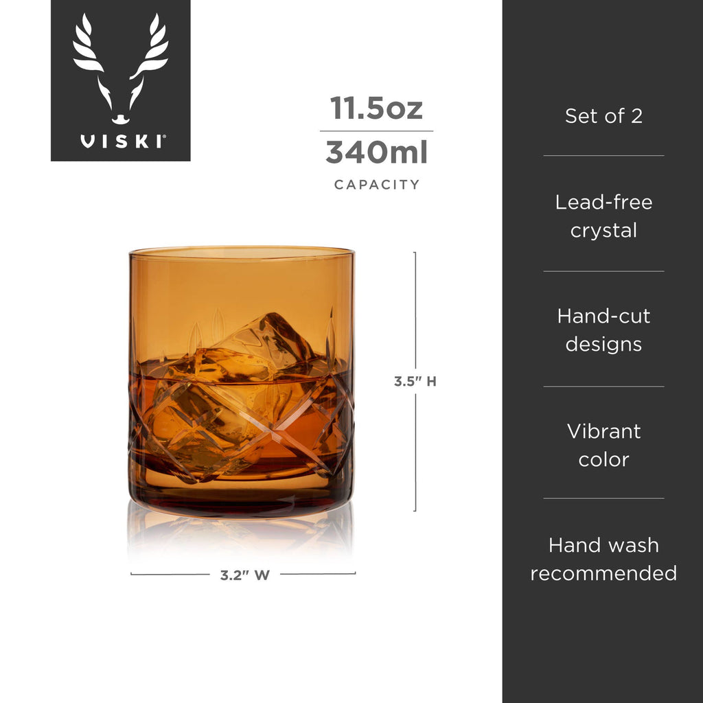 Admiral™ Hand-Etched Crystal Rocks Glasses - Amber -Set of 2