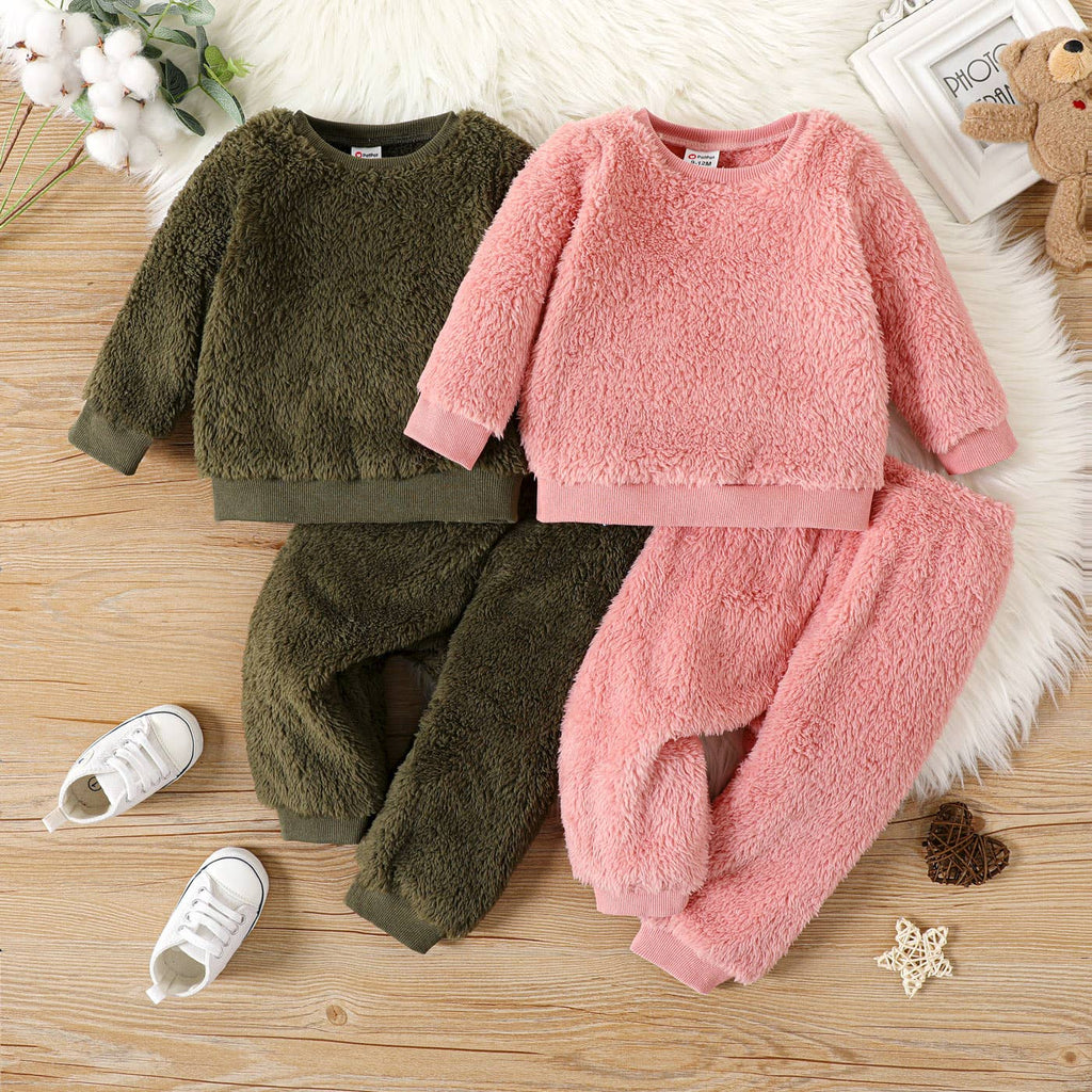 2pcs Baby Boy/Girl Thermal Fuzzy  Pullover and Pants Set: 18-24 Months / Pink