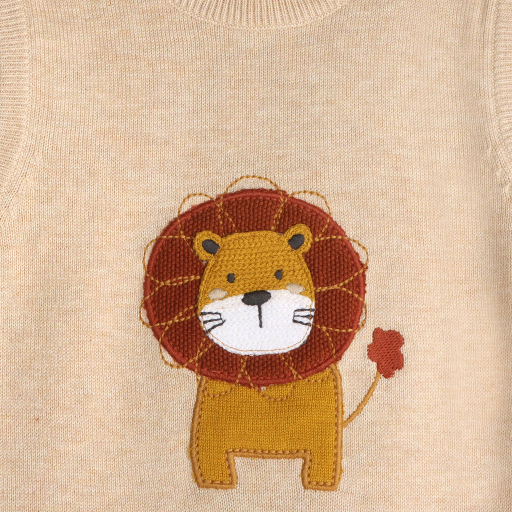 Lion Applique Knit Sleeveless Baby Romper (Organic Cotton): Oat Heather / 12-18M