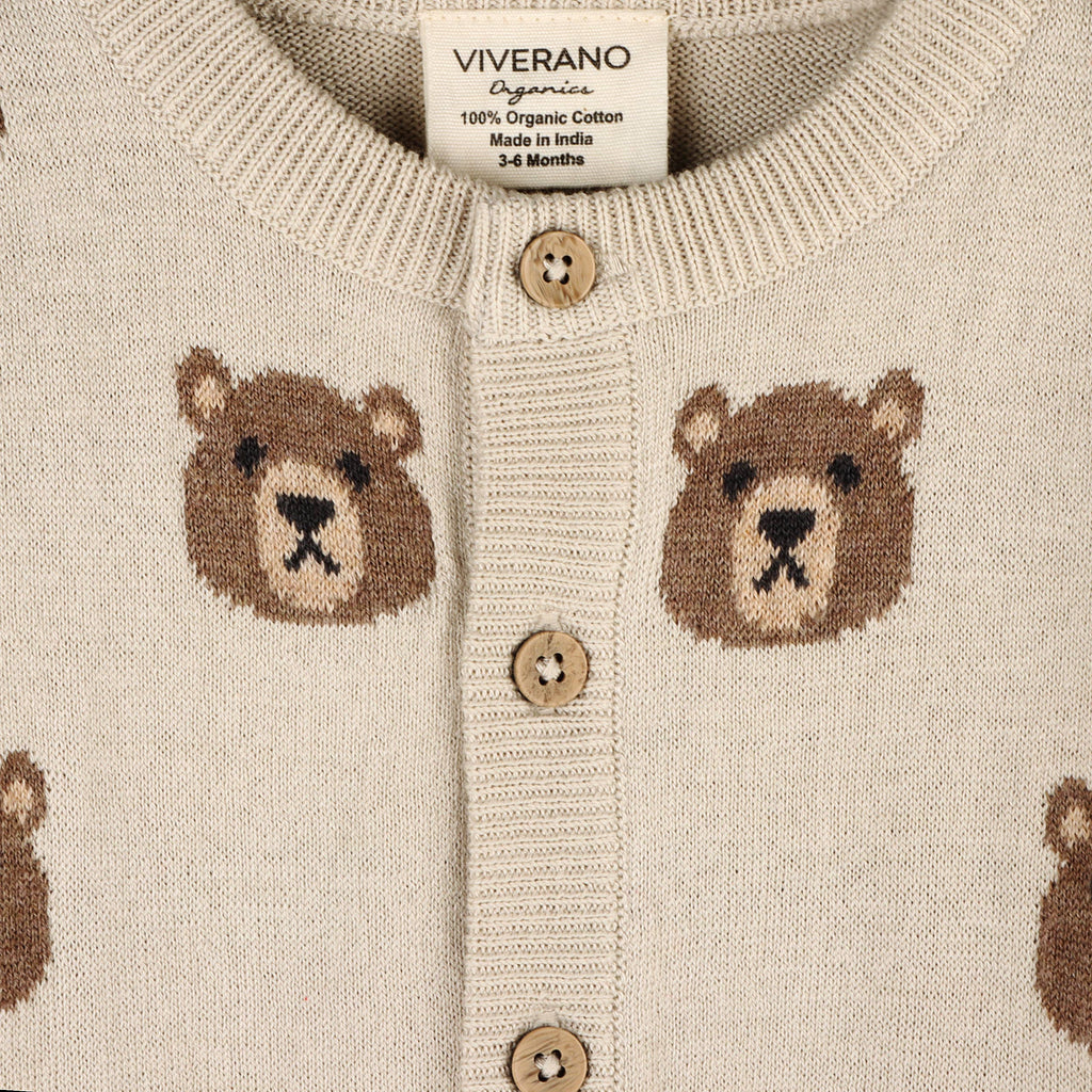 Brown Bear Jacquard Baby Cardigan Sweater (Organic Cotton): Stone / 12-18M