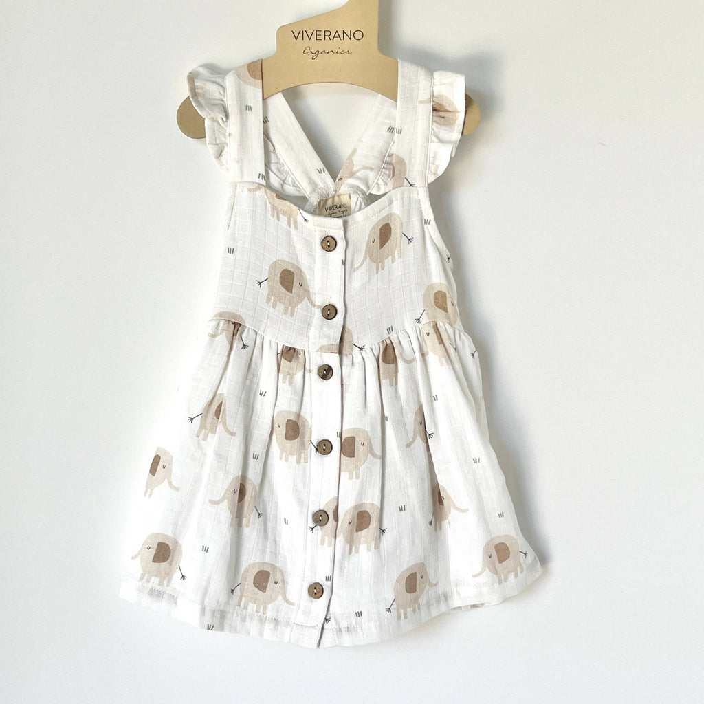 Elephant Ruffle & Button Baby Dress+Bloomer (Organic Muslin): 0-3M / Natural