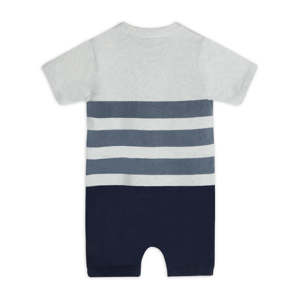 Airplane Applique Knit Short Baby Romper (Organic Cotton): Blue Heather/ Navy Combo / 12-18M