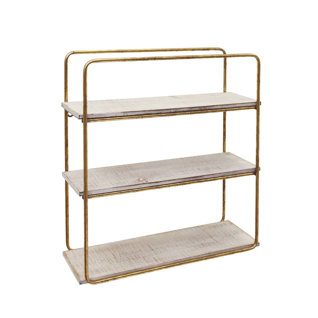 Metal Wood Rustic Three-Tier Wall Shelf - Gold, 19 in.