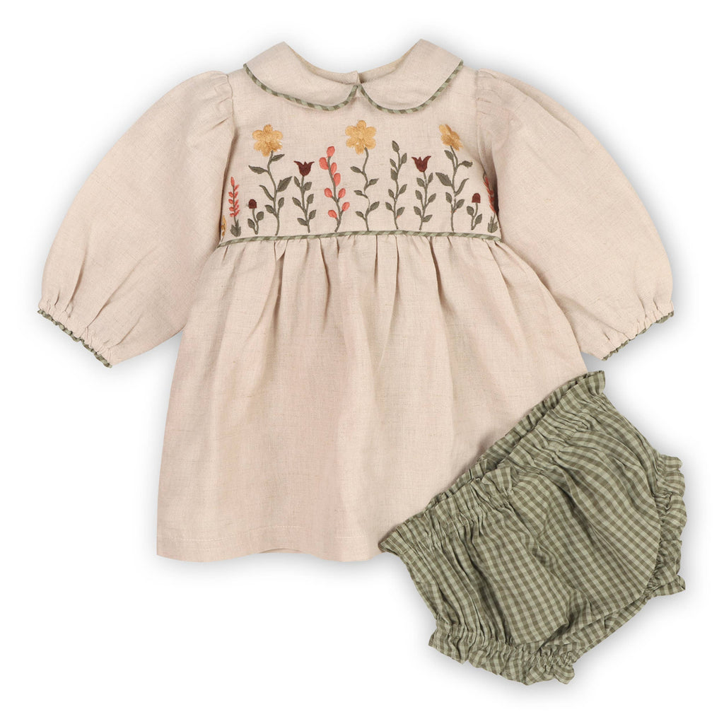 Floral Peter Pan Baby Dress & Fancy Bloomer (Linen Blend): Natural / 18-24M