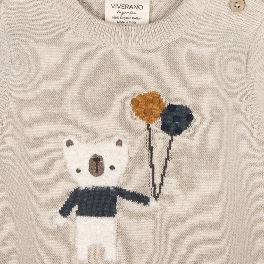 Balloon Bear Jacquard Baby Sweater Knit Jumpsuit (Organic): Stone / 0-3M