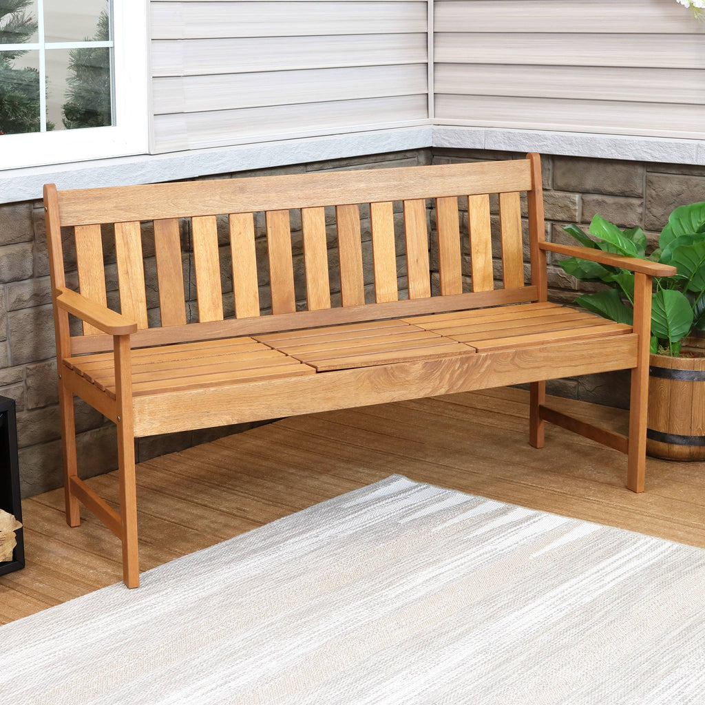 2-Person Meranti Wood Outdoor Bench with Pop-Up Table