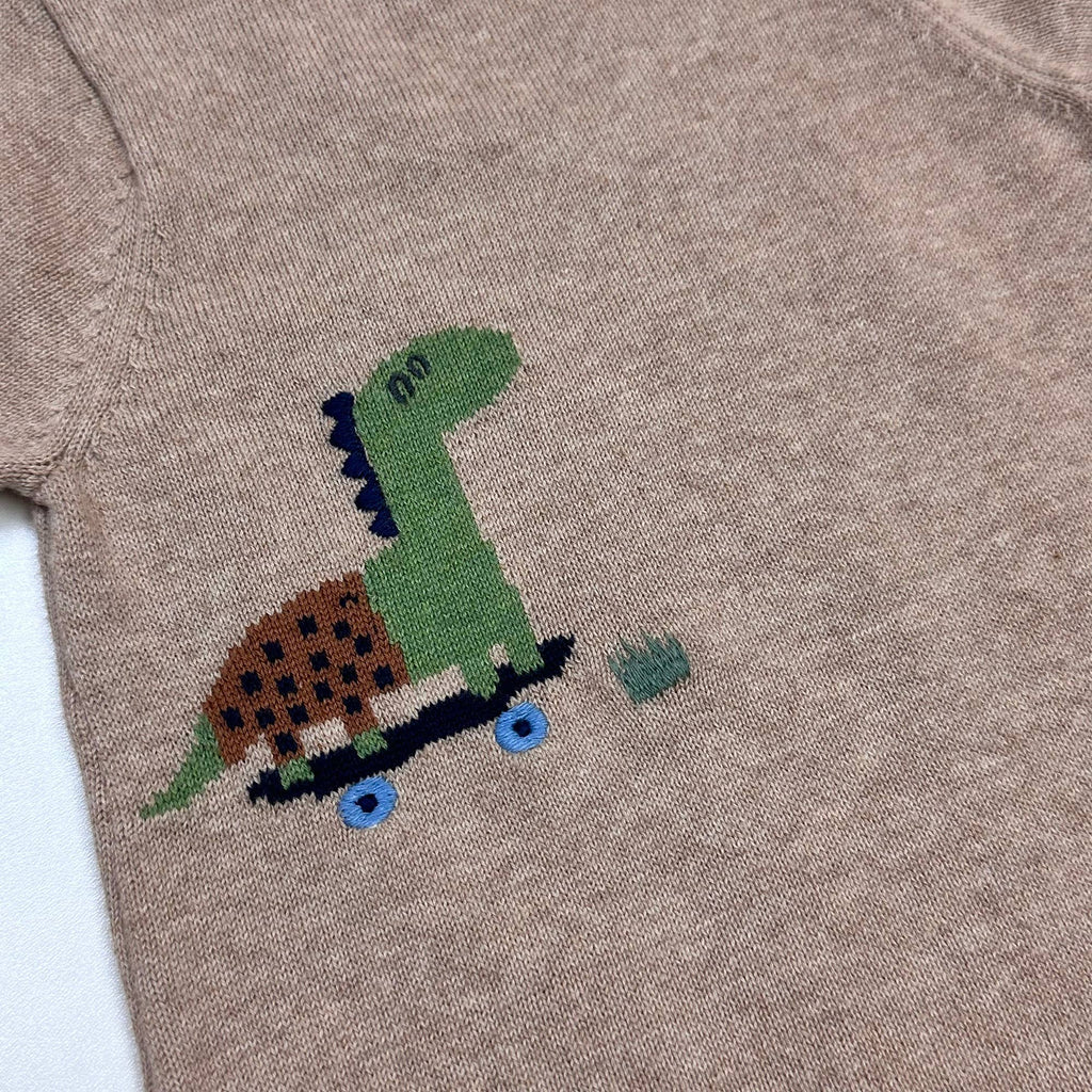 Dino Skater Jacquard Knit Baby Romper (Organic Cotton): Tan Heather / 3-6M