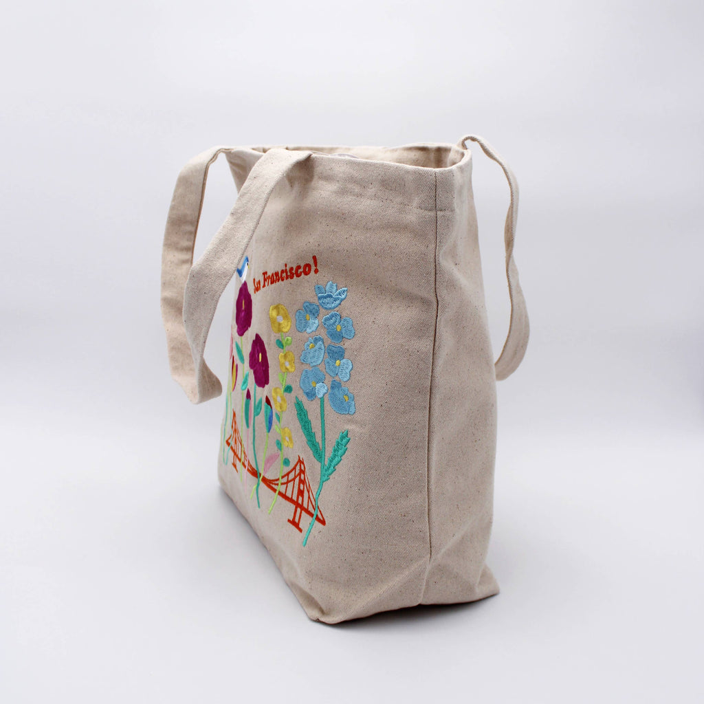 Embroidered San Francisco Flowers Tote Bag