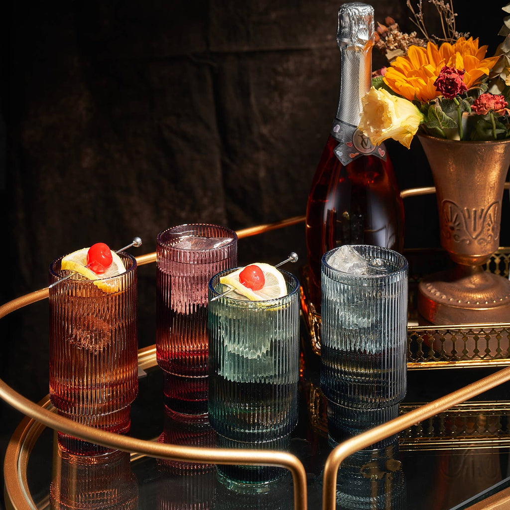 Vintage Art Deco Collins Highball Glasses Ribbed - Set of 4