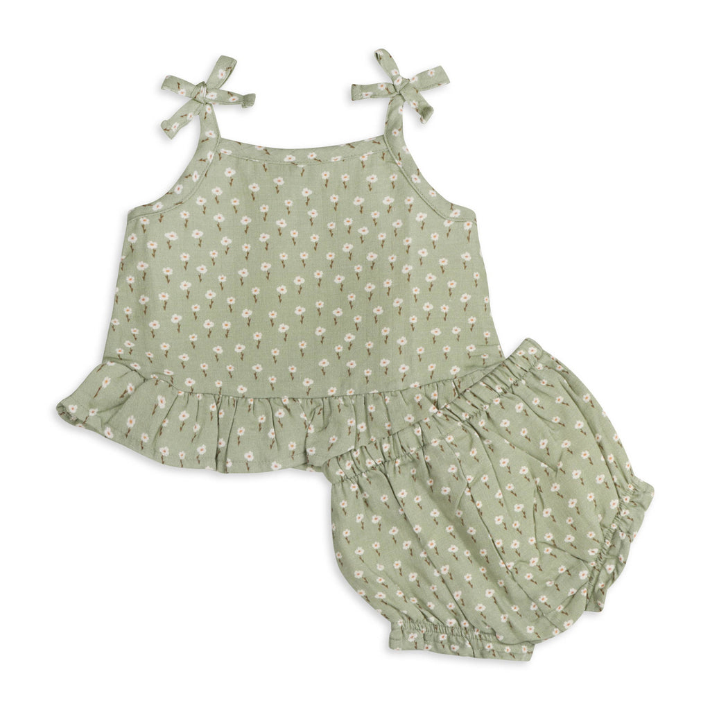 Sage Floral Shoulder Tie Baby Top + Shorts (Organic Muslin): SAGE / 6-12M