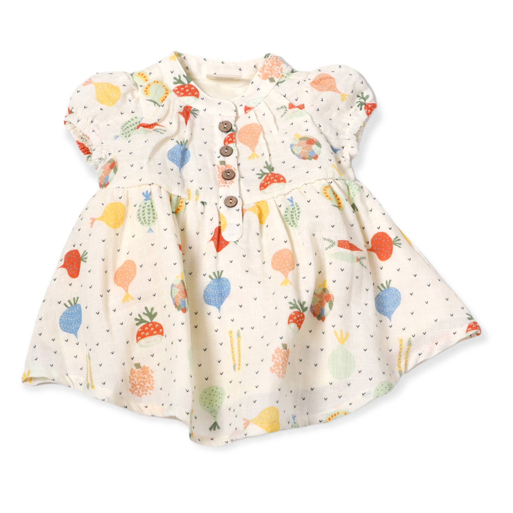 Veggie Puff Sleeve Muslin Baby Dress+Bloomer(Organic Muslin): 0-3M / Natural