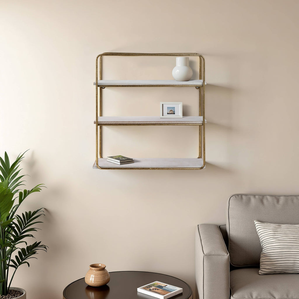 Metal Wood Rustic Three-Tier Wall Shelf - Gold, 19 in.