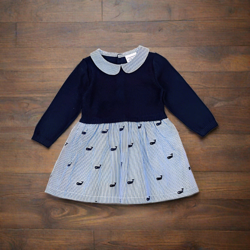 Whale Embroidered Pinstripe Baby Sweater Knit Dress (Organic: 18-24M / Navy Blue