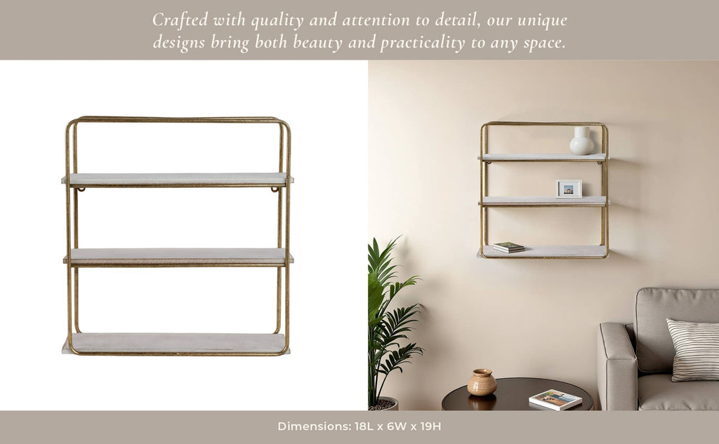 Metal Wood Rustic Three-Tier Wall Shelf - Gold, 19 in.