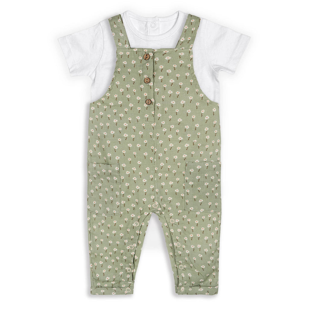 Sage Floral Baby Dungaree + Bodysuit (Organic Muslin)