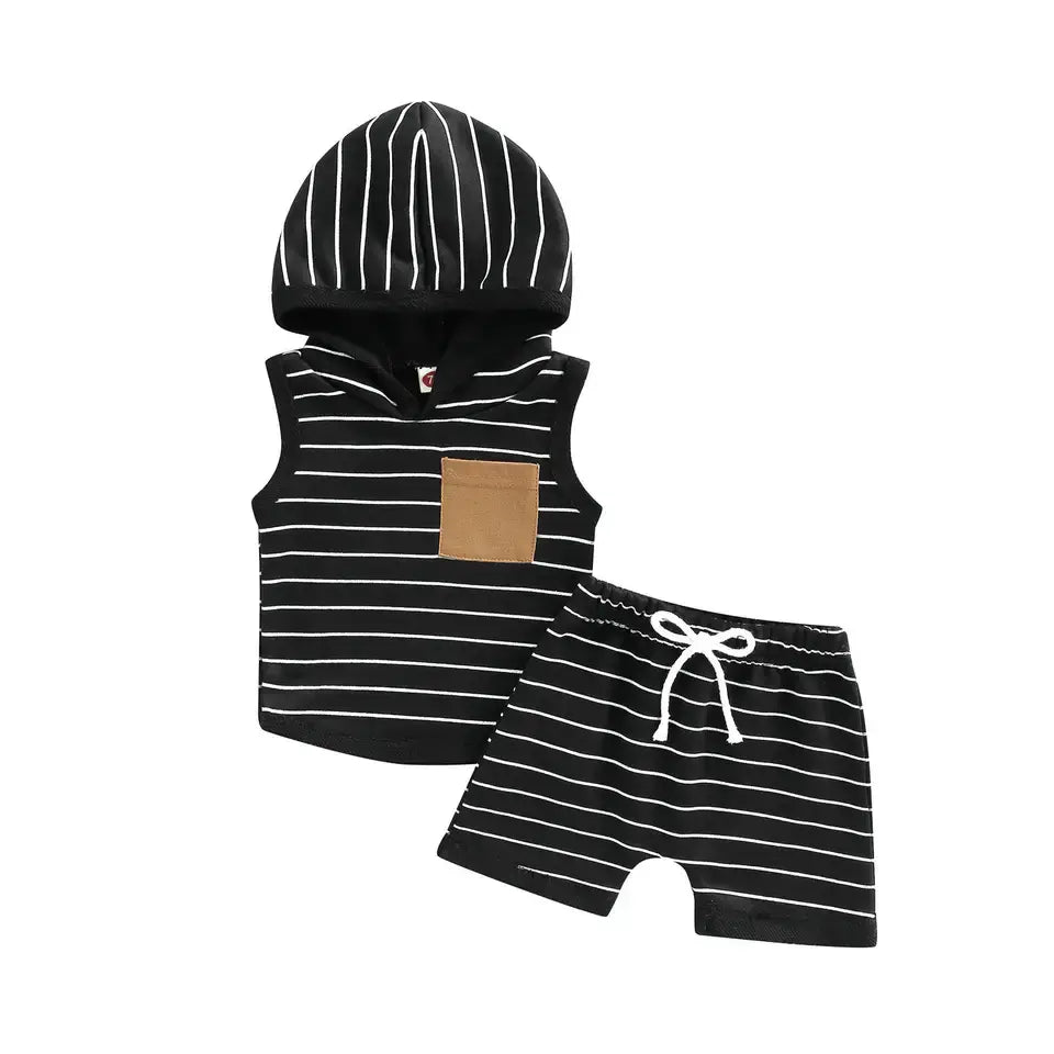 Unisex Hood Tank and Shorts Set | Black Stripe | 6- 12 Months