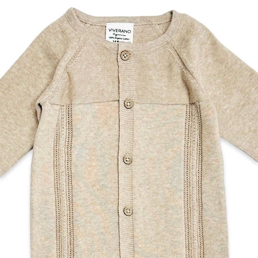 Pointelle Cable Knit Baby Jumpsuit -Organic Cotton -3 Colors: Tan Heather / 3-6M