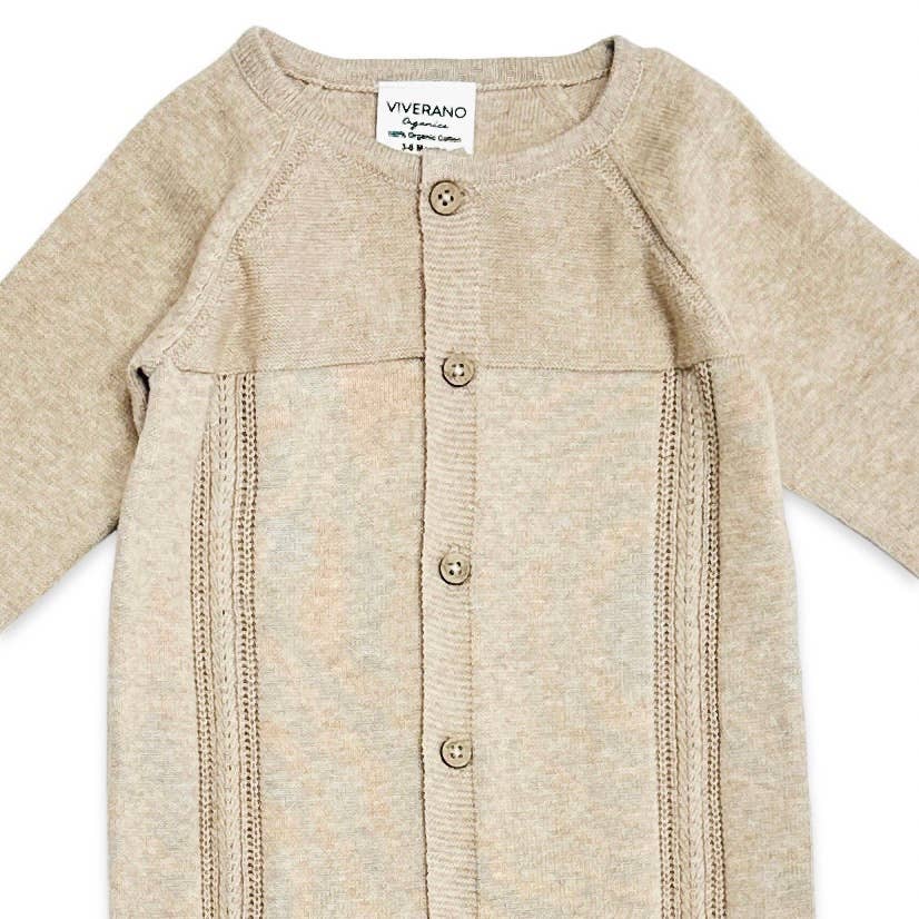 Pointelle Cable Knit Baby Jumpsuit (Organic Cotton): 0-3M / Tan Heather
