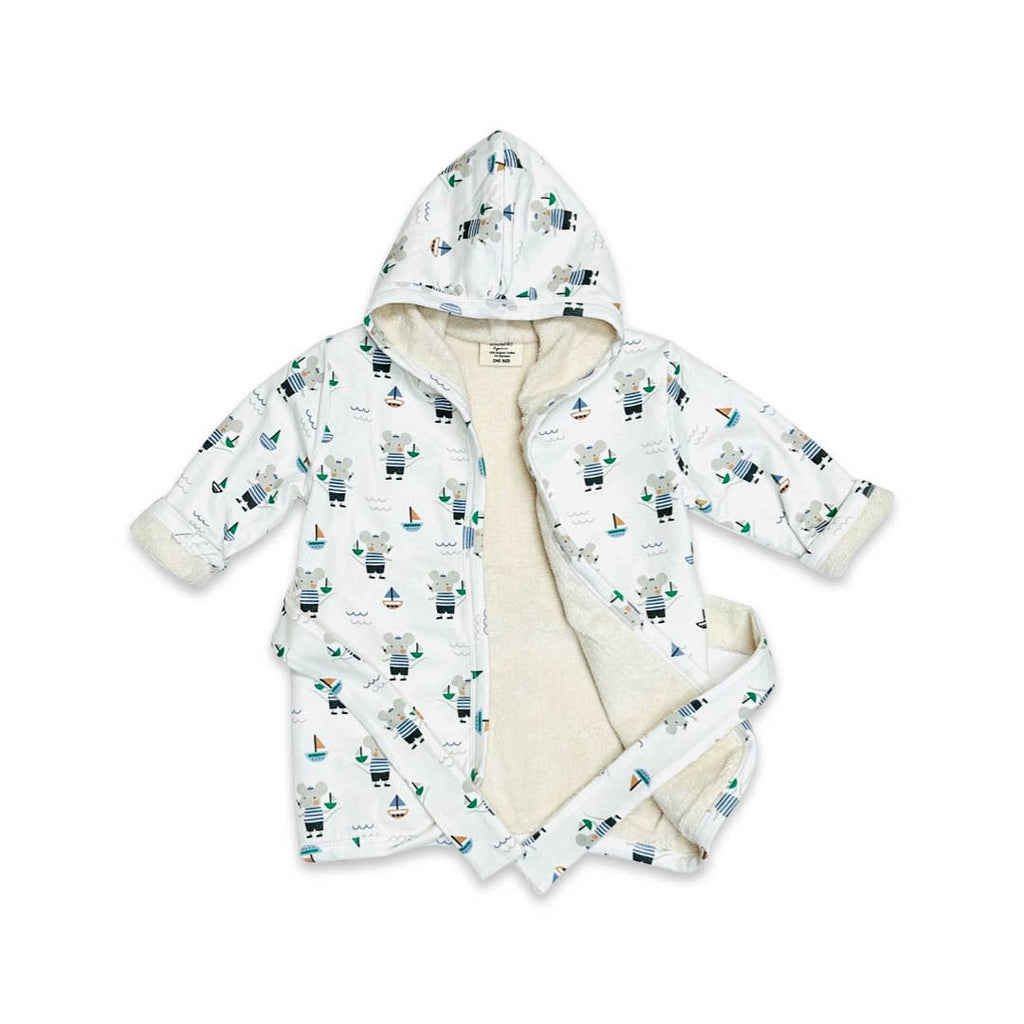 Mouse Sailor Hooded Baby Bathrobe (Organic Cotton): Soft White / 0-9M (One Size)