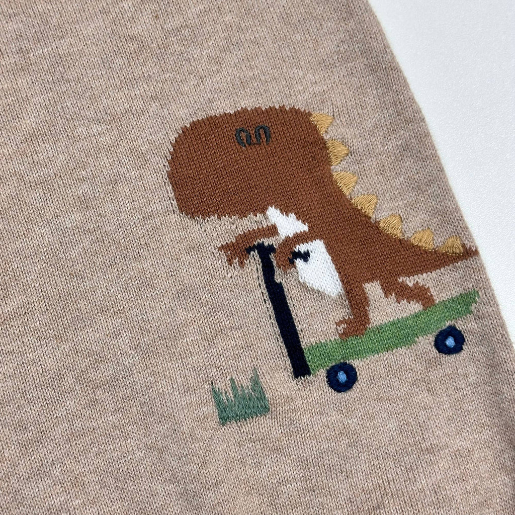 Dino Skater Jacquard Knit Baby Romper (Organic Cotton): Tan Heather / 6-12M