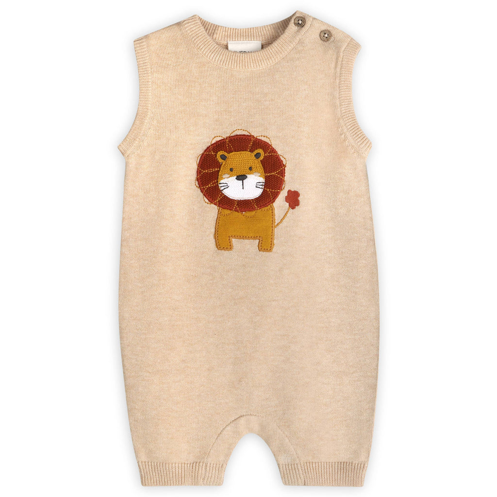 Lion Applique Knit Sleeveless Baby Romper (Organic Cotton): Oat Heather / 12-18M