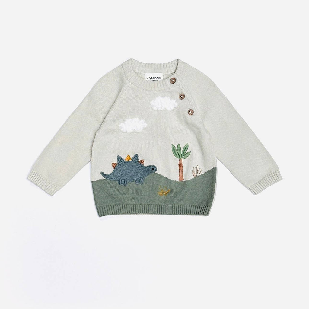 Dino Applique Button Baby Pullover Sweater (Organic): Stone / 0-3