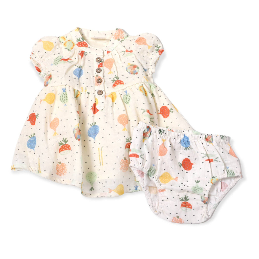 Veggie Puff Sleeve Muslin Baby Dress+Bloomer(Organic Muslin): 12-18M / Natural