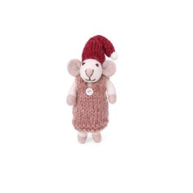 White Mouse with Dusty Red Dress Felt Holiday Ornament