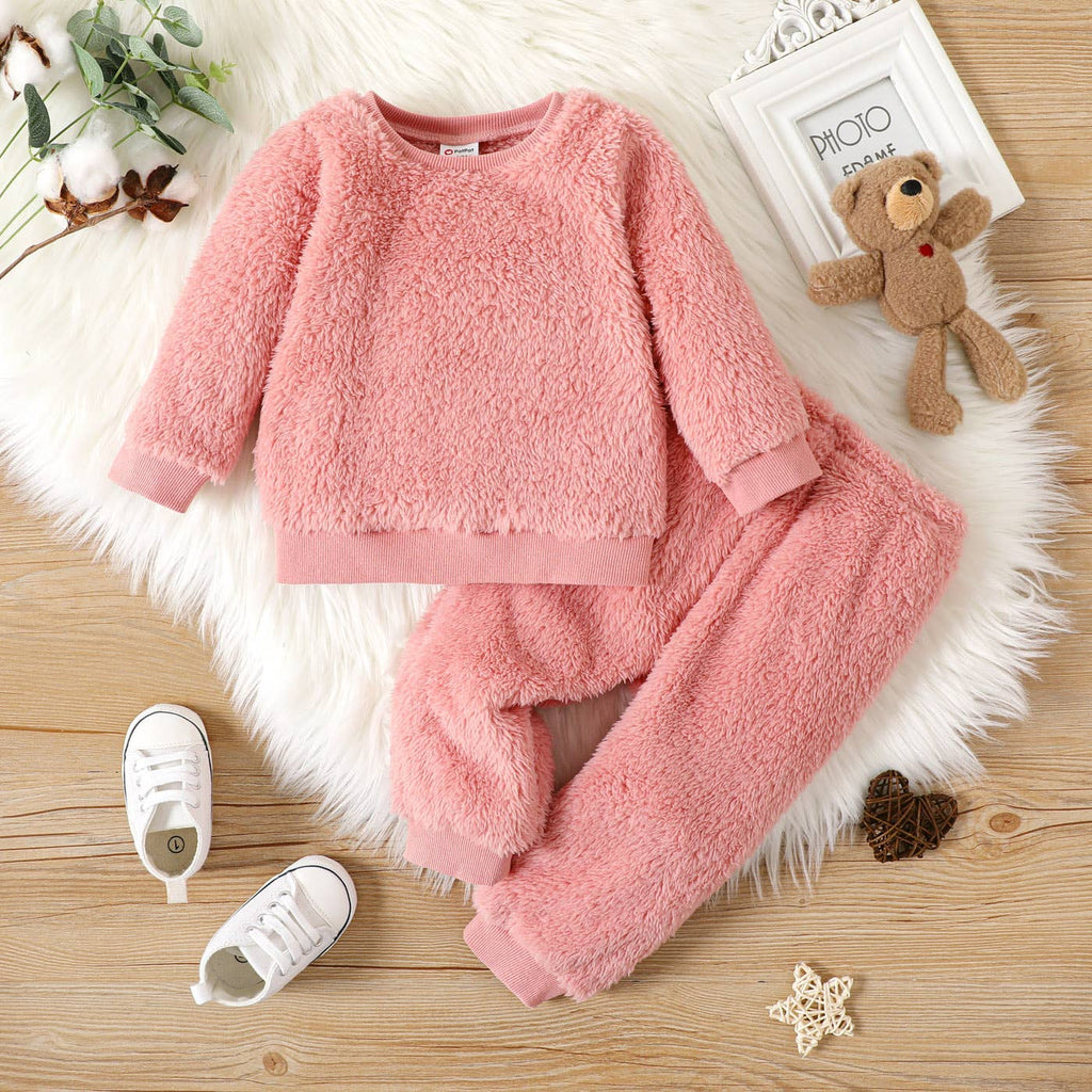 2pcs Baby Boy/Girl Thermal Fuzzy  Pullover and Pants Set: 18-24 Months / Pink