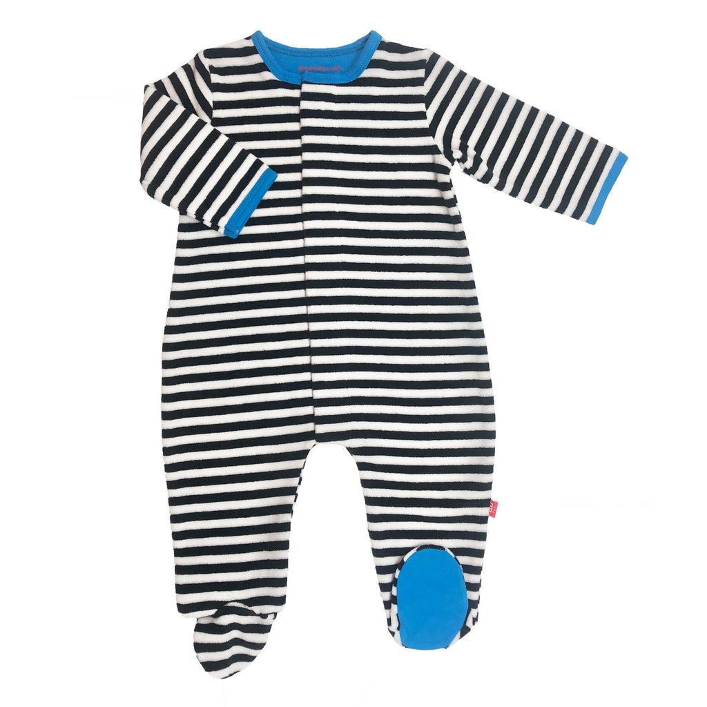 Black Stripe Blue Trim Velour Magnetic Footie