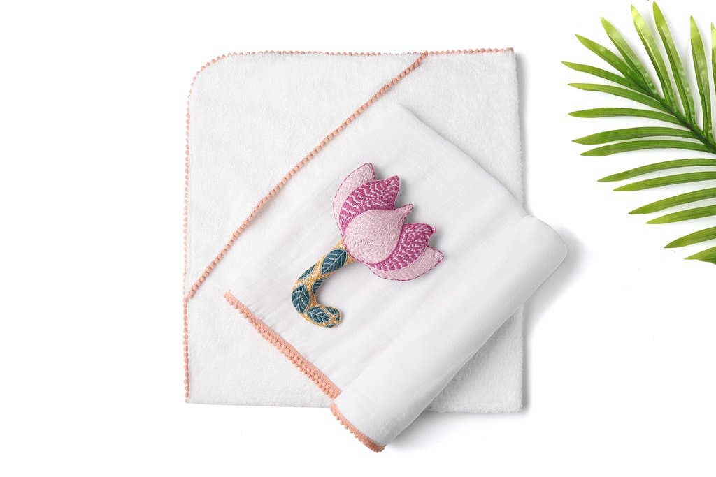 Newborn Gift Set Hooded Towel, Swaddle, Rattle