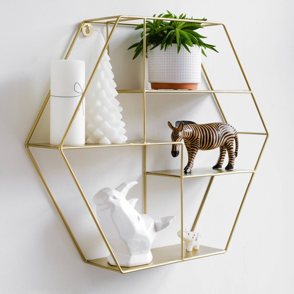 Gold Hexagon Floating Shelves, Large Decorative Wall Shelf